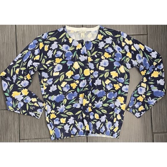 LL Bean Womens Blue Floral Full Button Cardigan Size Small Supima Cotton Spring - Picture 1 of 6